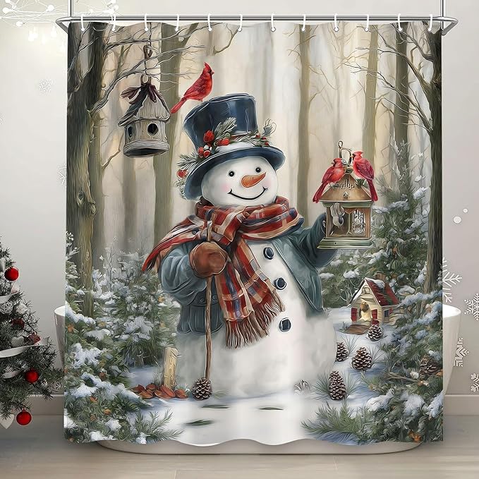 Vintage Christmas Snowman Shower Curtain, Retro Rustic Farmhouse Winter Forest Shower Curtains for Bathroom, Cute Xmas Snowman Holiday Bath Accessories with 12PCS Hooks, 72X72IN