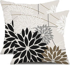 Black Brown Outdoor Pillow Covers 20x20 Inch Set of 2 White Gray Flower Throw Pillows Farmhouse Outdoor Modern Floral Polyester Square Cushion Case Decor for Sofa Patio Funiture Garden 01A20