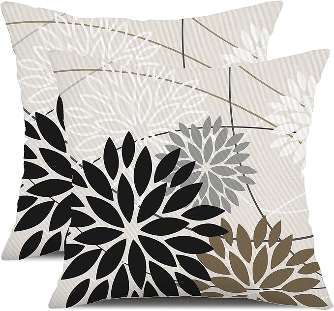 Black Brown Outdoor Pillow Covers 18x18 Inch Set of 2 White Gray Flower Throw Pillows Farmhouse Outdoor Modern Floral Polyester Square Cushion Case Decor for Sofa Patio Funiture Garden 01A18
