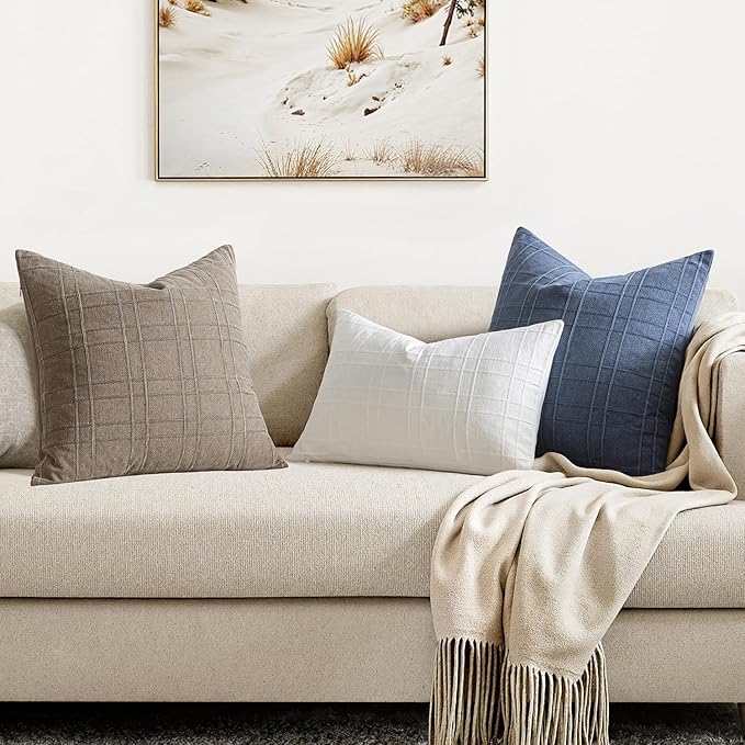 MIULEE Decorative Linen Check Euro Shams Throw Pillow Covers Neutral Farmhouse Vintage Pillow Covers 24x24 Set of 2 Boho Modern Home Decor for Sofa Couch Bedroom Cushion Blue