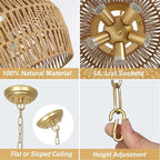 Gold Rattan Chandelier for Dining Room, 5-Light Boho Dining Room Light Fixture with Wicker Lampshade, Large Brass Pendant Hanging Light, Farmhouse Kitchen Chandelier for Island Bedroom Living Room