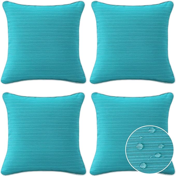 Decorative Outdoor Water Repellent Throw Pillows with Inserts, Set of 4, 20" x20" Pillows for Patio, Backyard, Bed, Couch, and Patio Furniture, Turquoise