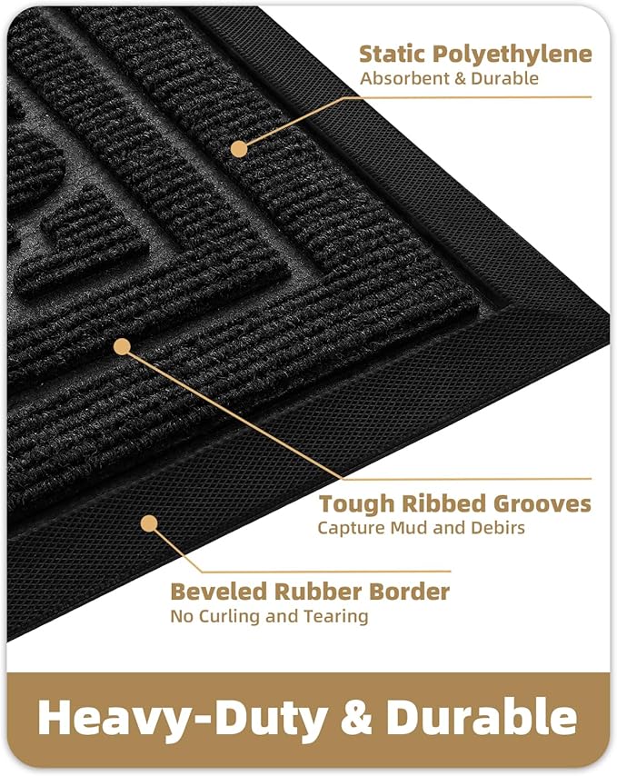 Color&Geometry Large Front Door Mat Outside Entrance, Heavy Duty Non Slip Low Profile Doormat for Entryway, Trap Dirt and Moisture Welcome Mats All-Weather, Easy Clean, Patio, Garage, 36"x60" Black