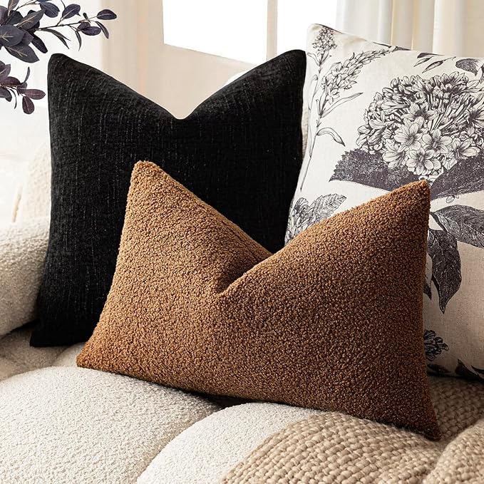 Foindtower Pack of 2, Curly Faux Fur Decorative Throw Pillow Covers Soft Fuzzy Plush Cushion Case with Zipper Cozy Pillowcase for Home Living Room Couch Bed Sofa 12 x 20 Inch,Dark Bronze