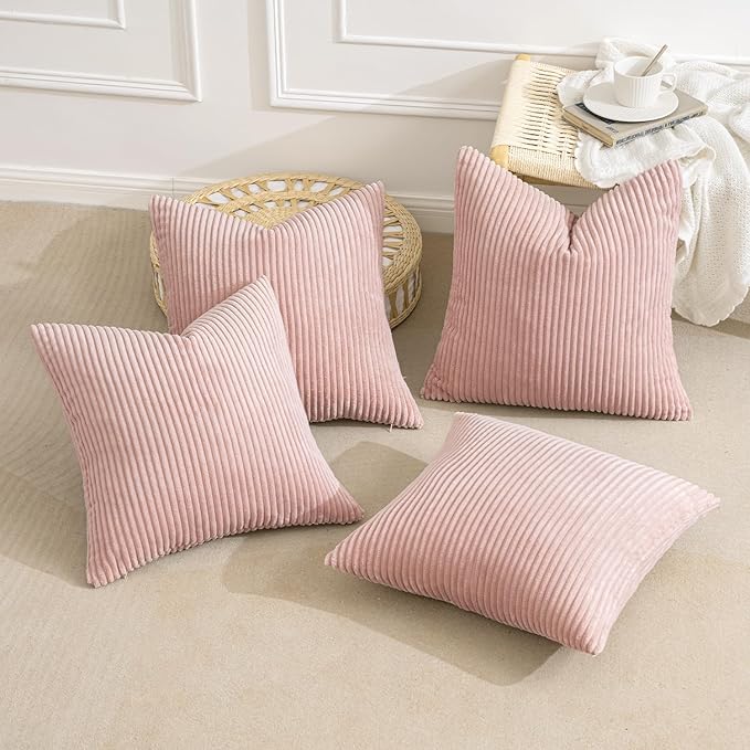 MIULEE Boho Farmhouse Throw Pillow Covers 18x18 Inch Set of 4 Mordern Nordic Cushion Covers Soft Corduroy Home Decor for Couch Bed Sofa Living Room Pink