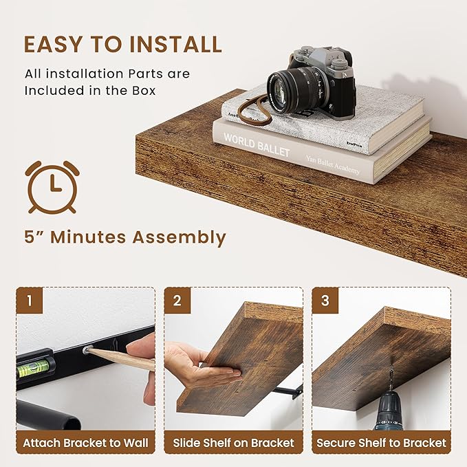 fuqing Floating Shelves for Wall, Wall Mounted Wood Floating Shelf with Invisible Brackets for Living Room, Bathroom, Bedroom, Kitchen Storage and Decor, 24 Inch Set of 2, Rustic Brown