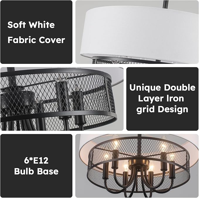 6-Light Modern Drum Chandelier for Dining Room,18'' Large Drum Pendant Light with Fabric, 2-Layer Farmhouse Chandeliers for Bedroom Dining Room Foyer Kitchen Hallway Island