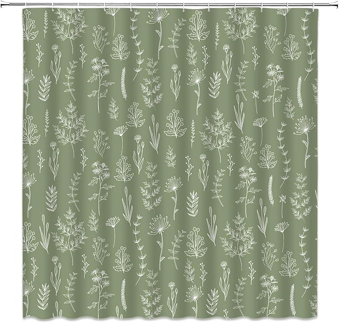 Sage Green Herbs Shower Curtain Boho Floral Retro Botanical Vintage Farmhouse Cute Leaves Plant Flowers Bathroom Curtain Set with Hooks(36" WX70 H)
