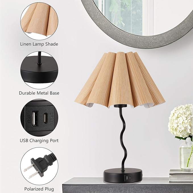 Pleated Table Lamp, Table Lamp for Bedroom, Bedside Lamps for Nightstand with Linen Lampshade, Modern Lamp for Bedroom Home Office Decor, Burlywood