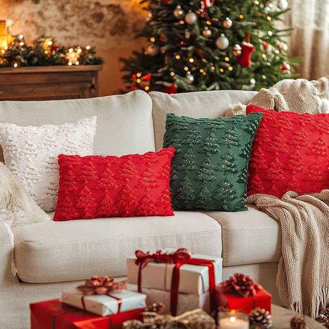 AQOTHES Christmas Tree Decorative Red Throw Pillow Covers 24x24 Set of 2, Faux Fur Farmhouse Throw Pillows Cushion Cases for Xmas Winter Holiday Home Decor