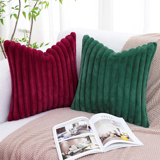 decorUhome Faux Fur Christmas Throw Pillow Covers 24x24 Set of 2, Decorative Soft Plush Striped Neutral Couch Euro Pillow Covers with Velvet Back for Sofa, Bed, Living Room Home Decor, Christmas Green