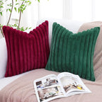 decorUhome Faux Fur Christmas Throw Pillow Covers 16x16 Set of 2, Decorative Soft Plush Striped Neutral Couch Euro Pillow Covers with Velvet Back for Sofa, Bed, Living Room Home Decor, Burgundy