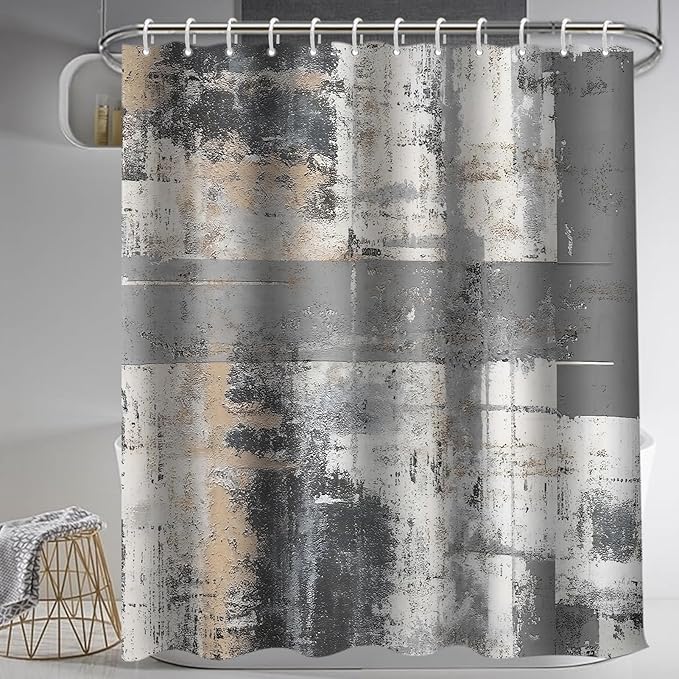 Lnond 4Pcs Bathroom Shower Curtain Sets with Rugs,Black and Grey Painting Art Bathroom Sets with Shower Curtain and Rugs and Accessories