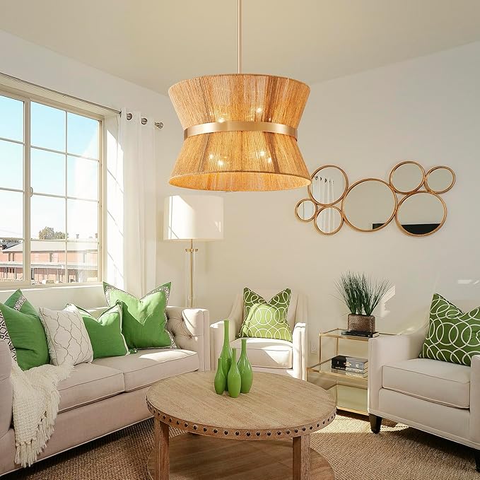Shrine Lighting French Gold Boho Chandelier, Modern Design, Boho Drum Pendant Light for Dining Room, D18'' x H12'', Adjustable 47'', E12*8 Sockets, Jute Rope Lampshade&French Gold Finish Frame