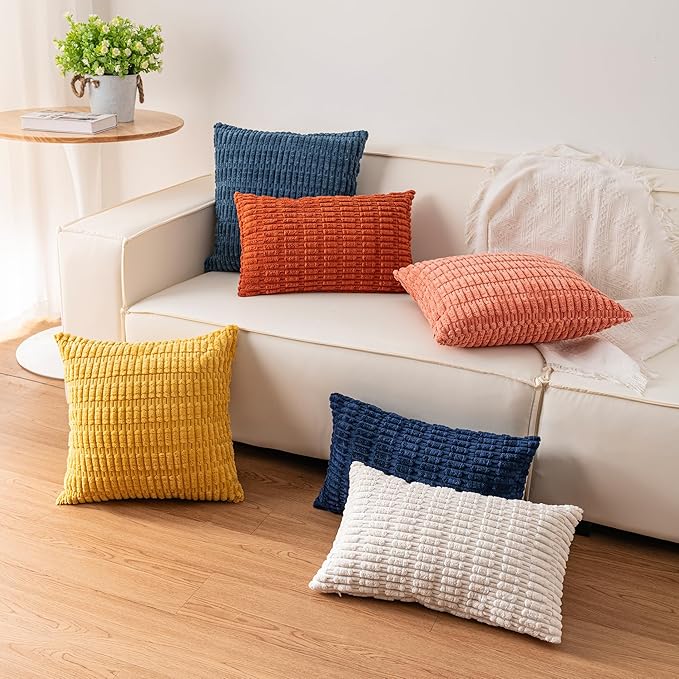 Pack of 2 Corduroy Decorative Throw Pillow Covers 18x18 InchSoft Boho Striped Pillow Covers Modern Farmhouse Home Decor for Sofa Living Room Couch Bed（Blue）