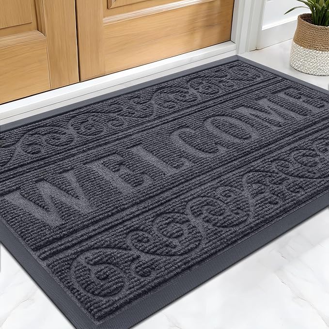 OLANLY Welcome Door Mat Indoor Outdoor Entrance, Heavy Duty Sturdy Front Door Mat, Waterproof All-Weather Doormat, Stain Resistant, Low Profile, Easy Clean Patio Entryway Mat, 29.5 x 17, Grey