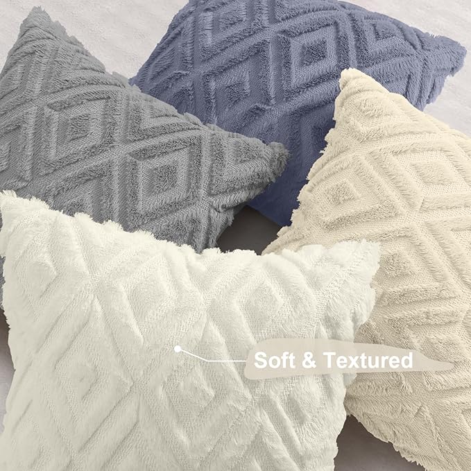 decorUhome Set of 4 Faux Fur Throw Pillow Covers 20x20, Decorative Soft Couch Pillow Covers with Velvet Back for Modern Sofa Living Room, Grey/Beige