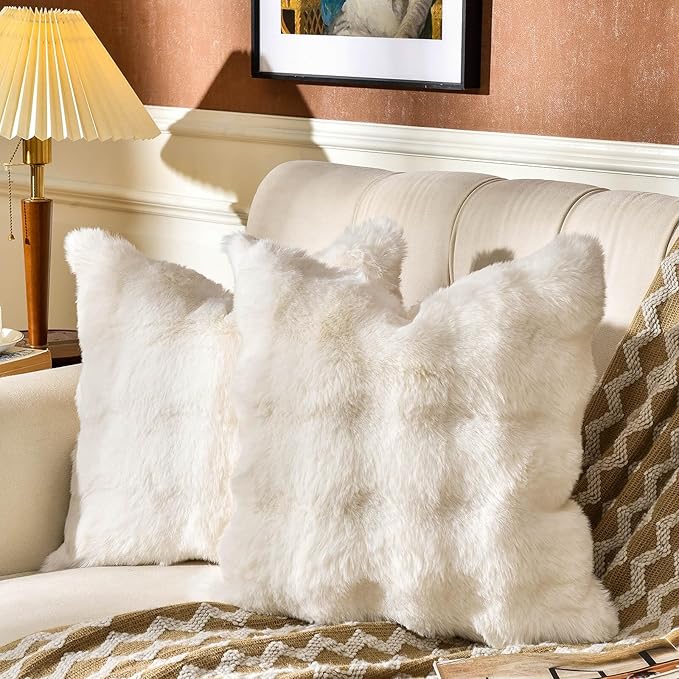 AmHoo Pack of 2 Throw Pillow Covers 3D Dense Faux Rabbit Fur Cozy Super Soft Fuzzy Set Case Cushion for Couch Sofa Bedroom 24 x 24-Inch Cream White