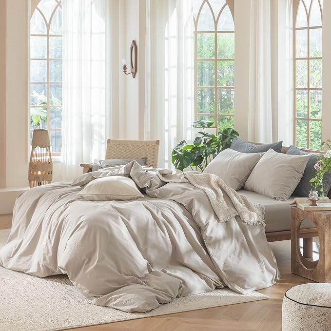 MooMee Bedding Duvet Cover Set 100% Washed Cotton Linen Like Textured Breathable Durable Soft Comfy (Solid Light Tan, Super Queen 90"x98")