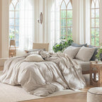 MooMee Bedding Duvet Cover Set 100% Washed Cotton Linen Like Textured Breathable Durable Soft Comfy (Solid Light Tan, Oversized King Plus 128"x120")