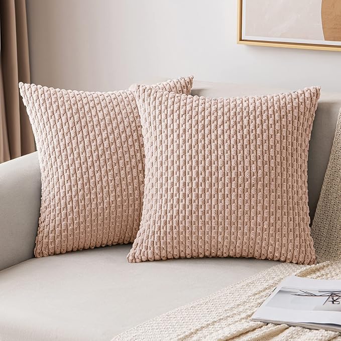 MIULEE Pack of 2 Decorative Throw Pillow Covers 18x18 Inch Soft Boho Striped Textured Corduroy Pillow Covers Modern Farmhouse Home Decor for Couch Bed Sofa Living Room Pink