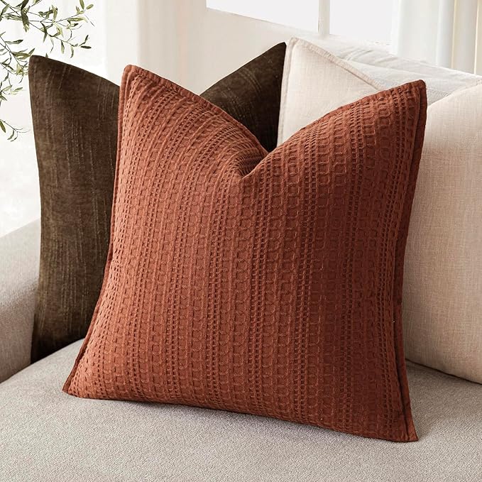 Foindtower Set of 2 Decorative Cotton Waffle Weave Throw Pillow Cover Euro Shams Cushion Covers Accent European Pillowcase For Bed Couch Sofa Bedroom Living Room Home Decor 20×20 Inch Fall Rust Orange