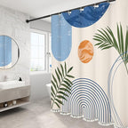 Boho Mid Century Leaf Shower Curtain Set,Arch Sun Design,Minimalistic Leaves Pattern,Waterproof and Luxurious Fabric-12 Hooks(Light Blue-72" x 72")