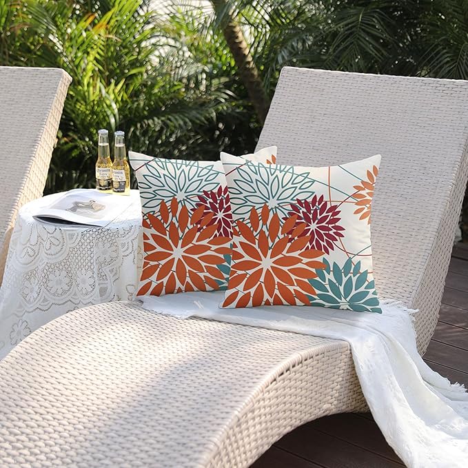Orange and Red Floral Pillow Covers 16x16 Set of 2 Outdoor Waterproof Decorative Throw Pillows Fall Pillow Covers Polyester Cushion Case Decor for Couch Patio Funiture Garden Porch 01W16