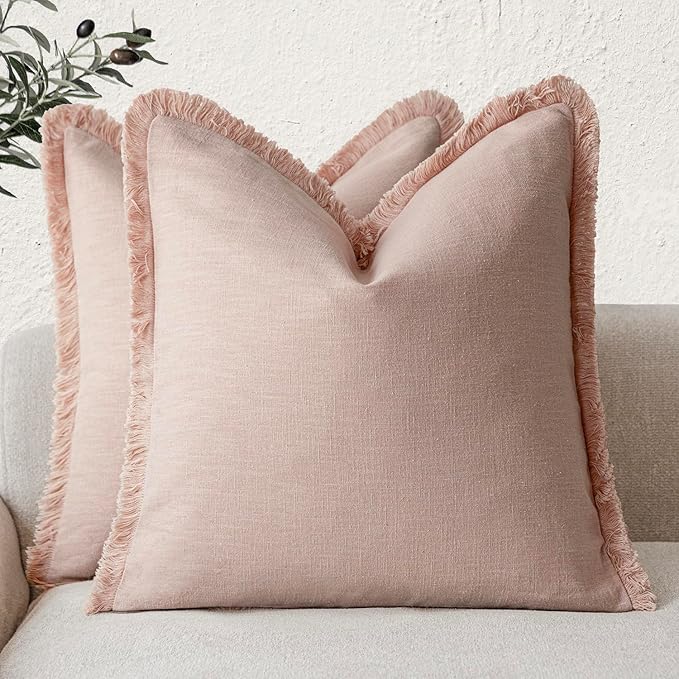 Foindtower Set of 2 Decorative Linen Fringe Throw Pillow Covers Boho Farmhouse Cushion Cover with Tassels Soft Accent Pillowcase for Couch Chair Sofa Bed Living Room Home Decor,18×18 Inch,Light Pink