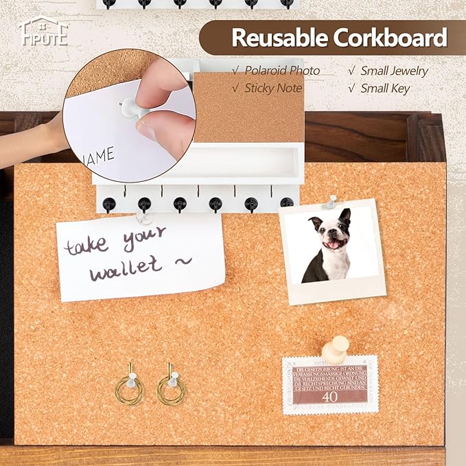 Key Holder for Wall Mount with Mail Organizer, Farmhouse Key Holder for Wall with Shelf, Chalkboard&Corkboard, Entryway Organizer 11 Metal Hooks, Decorative Natural Pine Wood, 14.6*11.1*3.3”, B-Brown