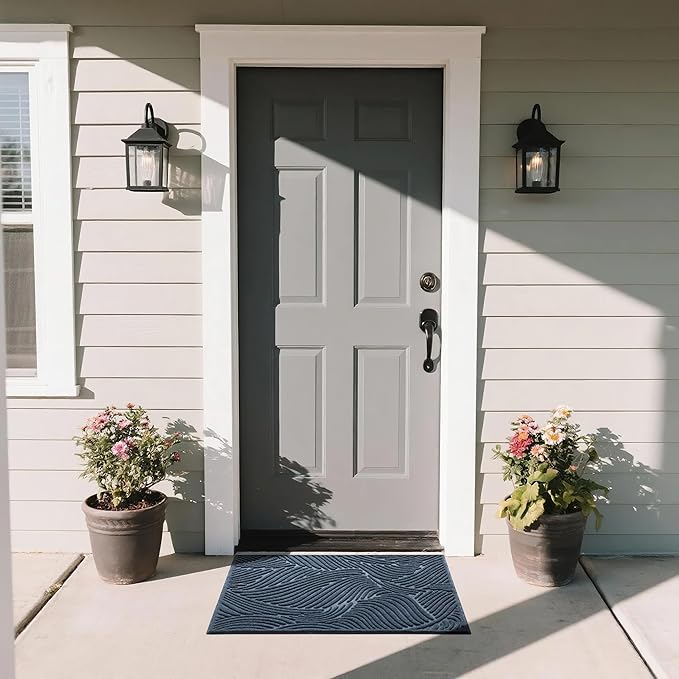Yimobra Doormat Outdoor Entrance 29.5x17, All-Weather Waterproof Art Line Outdoor Mats for Front Door, Heavy Duty Non-Slip Welcome Matt for Garage Patio Proch Entryway Indoor, Blue