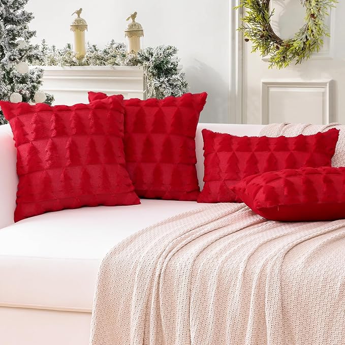 OTOSTAR Set of 2 Xmas Soft Plush Short Wool Velvet Decorative Throw Pillow Covers Square Luxury Style Cushion Case Pillow Shell for Sofa Bedroom Christmas Tree Red, 28x28 Inch