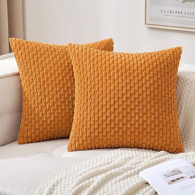 MIULEE Burnt Orange Throw Pillow Covers Soft Corduroy Decorative Set of 2 Boho Striped Pillow Covers Pillowcases Farmhouse Home Decor for Thanksgiving Couch Bed Sofa Living Room 18x18 Inch