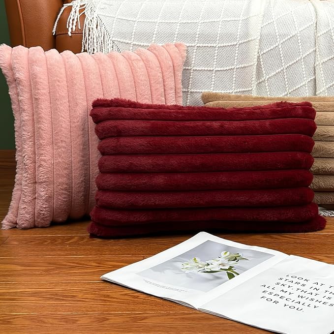 24x24 Pillow Covers, Decorative Faux Fur Throw Pillow Covers for Couch, Sofa Soft Fluffy Pillow Cover with Velvet Back for Living Room, Neutral Home Décor Accent for Bed - Pink