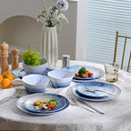 12 Piece Melamine Dishes Set for 4, Unbreakable Plates and Bowls Sets for Camping, Lightweight dinnerware set, Kind to kids, Dishwasher Safe, Ideal for RV, Sky Blue and White Retro
