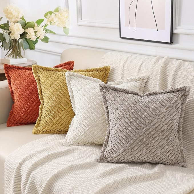 decorUhome Decorative Rust Fall Throw Pillow Covers 18x18 Set of 2 with Splicing, Boho Soft Neutral Corduroy Broadside Twill Pillow Covers for Couch Bed Sofa Living Room