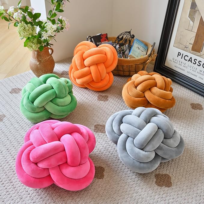Xuyier Knot Pillow Ball, Decorative Throw Pillows with Velvet Fabric for Couch Bed, 12" Decor Knotted Square Floor Pillow Cushions for Living Room (12 Inches, Rose Red)