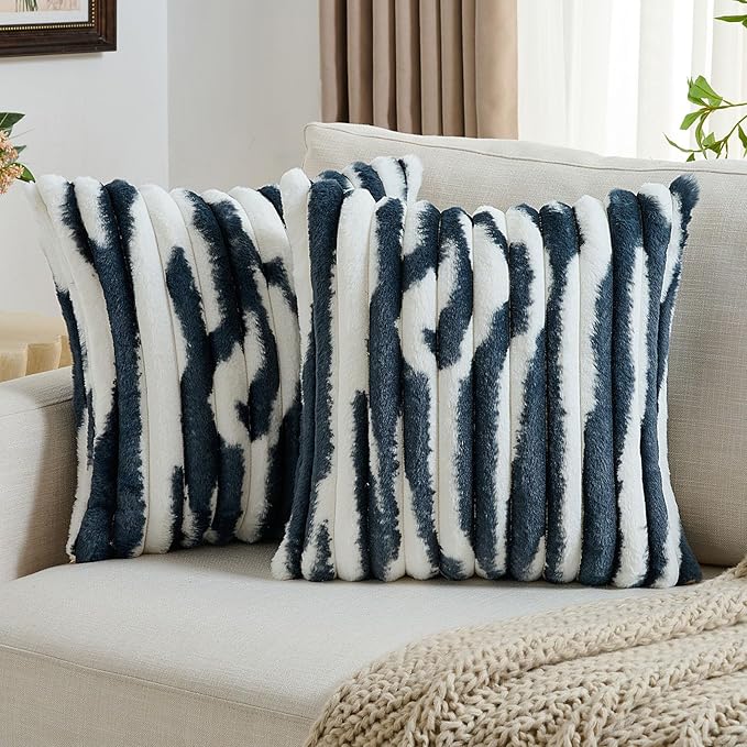 FUTEI Navy Blue Decorative Throw Pillow Covers 24x24 Inch Set of 2, Soft Tie-Dye Faux Rabbit Fur Striped Texture European Cushion Case, Modern Home Decor for Couch Bed Living Room