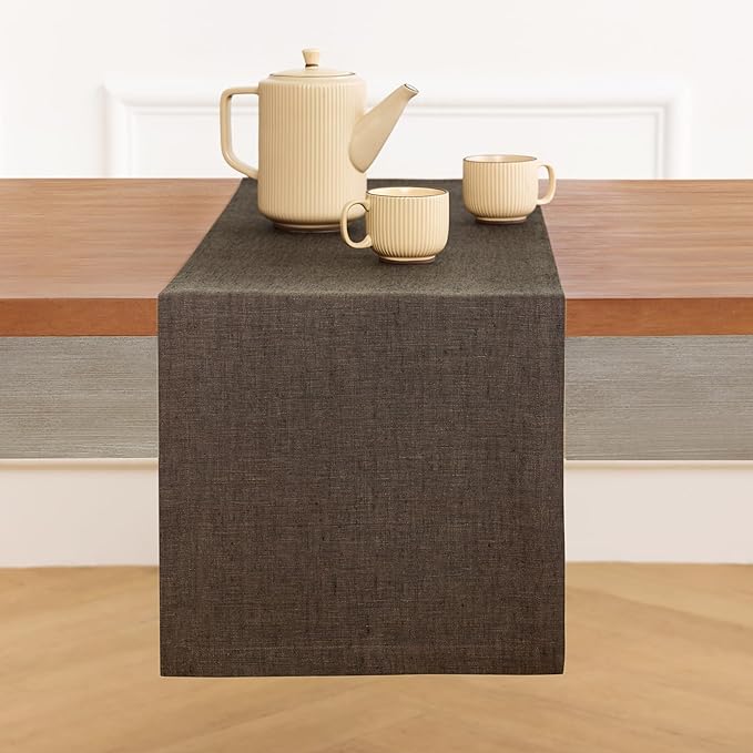 Solino Home Linen Chambray Brown Table Runner 108 Inches Long - Athena, 100% Pure Linen Dining Table Runner 14 x 108 Inch for Fall, Autumn, Thanksgiving - Handcrafted and Machine Washable