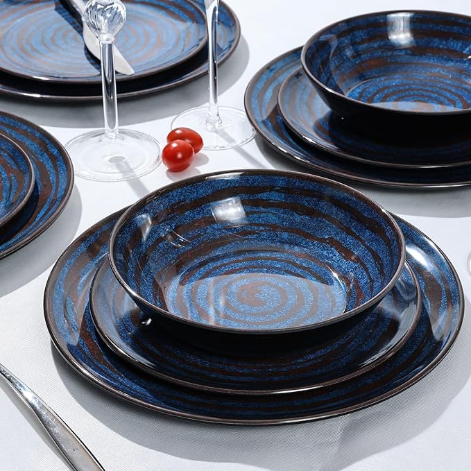 Melamine Dinnerware Set, 12-Piece Plates and Bowls Set, Blue Threaded Plastic Dishes Set, Service for 4, BPA-Free, Dishwasher Safe