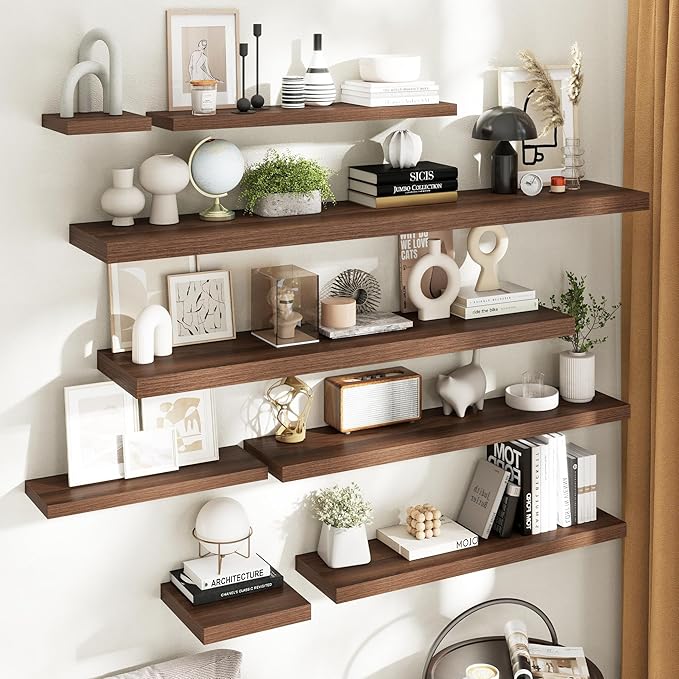 Floating Shelves for Wall with Invisible Brackets, Wall Mounted Engineered Wood Shelves with Wood Grain for Living Room, Bedroom, Bathroom, Kitchen Decor and Storage, Oak, 71"L Set of 2, Walnut