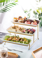 LYEOBOH 3 Tier Serving Stand and Platters Set Large Tiered Serving Platters with Collapsible Sturdier Rack 14 Inches Tiered Serving Tray for Appetizer Fruit, Dessert and Cupcake, White