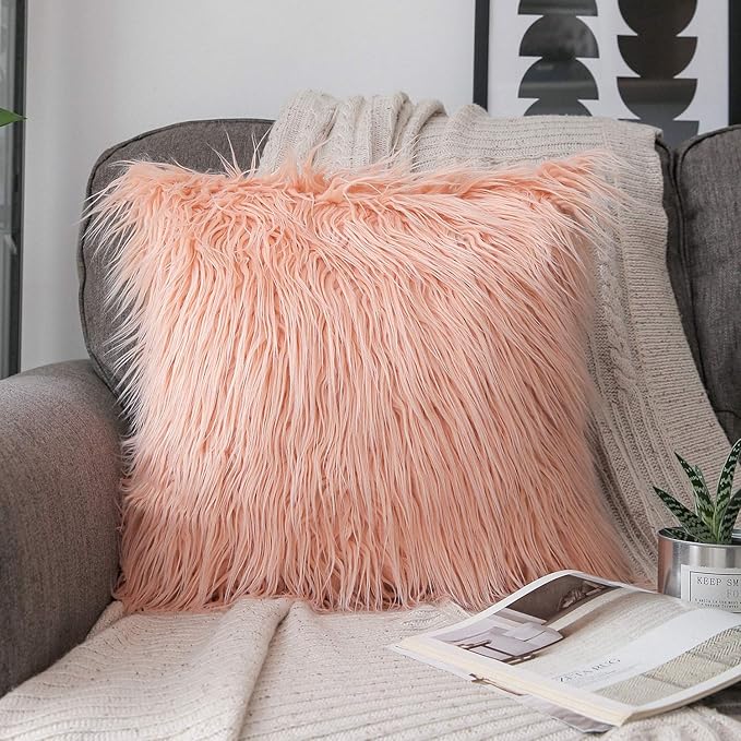 Phantoscope Faux Fur Solid Decorative Pillow Cover Fluffy Throw Pillow Mongolian Luxury Fuzzy Pillow Case Cushion Cover for Bedroom and Couch, Peachy Pink 18 x 18 Inches