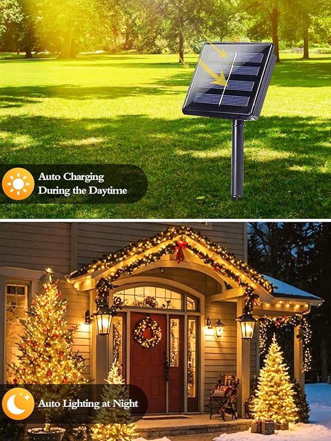 6 Pack Christmas Solar String Lights Outdoor Waterproof, 198FT 600 LED Green Wire Solar Fairy Lights with 8 Modes, Solar Twinkle Lights for Garden Tree Patio Fence Christmas Decorations (Warm White)