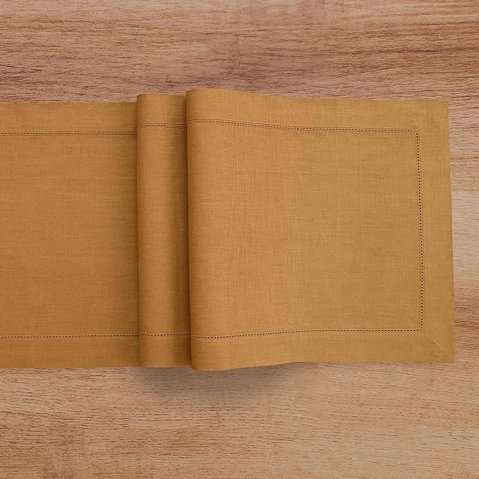 Solino Home Linen Table Runner 48 Inches - 100% Pure Linen Brown Sugar Hemstitch Table Runner 14 x 48 Inch Ideal for Dresser and Coffee Tables - Fall, Autumn, Thanksgiving - Classic Hemstitch
