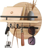 Key Holder for Wall with Shelf - Wood Mail Organizer and Rack with Shelf Hooks Wall Mounted for Entryway Decor Magazines Letter Storage Farmhouse Living Room Bedroom Doorway (Nature)