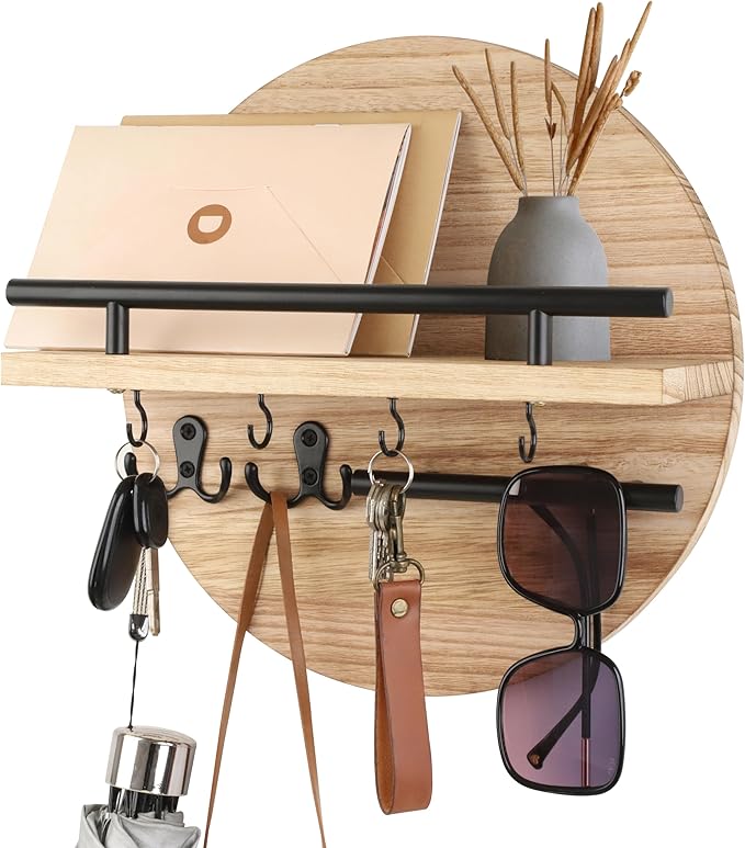 Key Holder for Wall with Shelf - Wood Mail Organizer and Rack with Shelf Hooks Wall Mounted for Entryway Decor Magazines Letter Storage Farmhouse Living Room Bedroom Doorway (Nature)