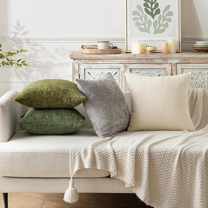 MIULEE Pack of 2 Couch Throw Pillow Covers 18x18 Inch Olive Green Modern Boho Accent Decorative Pillow Covers Soft Chenille Farmhouse Cushion Covers for Home Decor Bed Sofa Living Room