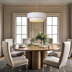 LamQee Large Farmhouse Drum Chandelier, 2-Layer 23.6inch Ceiling Light Fixture Nickel with Fabric Shade Modern Pendant Hanging Light for Dining Room Living Room Bedroom Kitchen Island