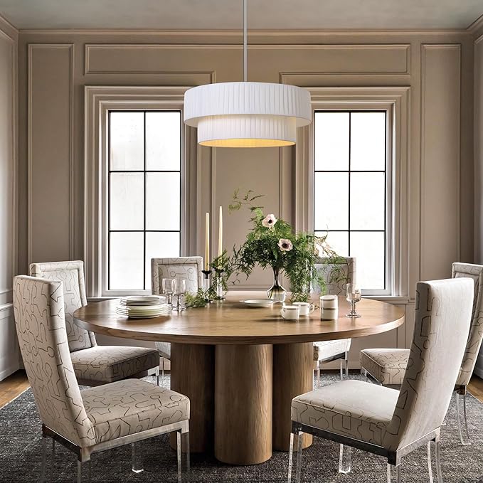 LamQee Large Farmhouse Drum Chandelier, 2-Layer 23.6inch Ceiling Light Fixture Nickel with Fabric Shade Modern Pendant Hanging Light for Dining Room Living Room Bedroom Kitchen Island